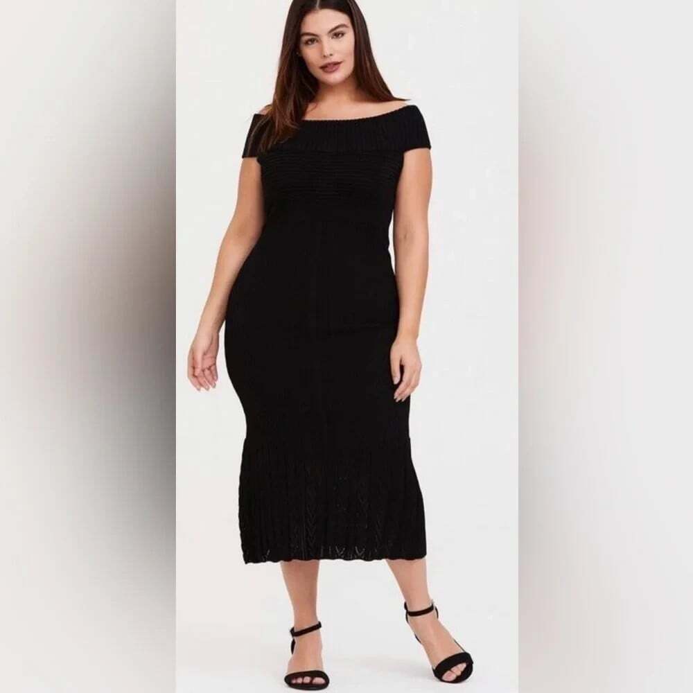 TORRID Black Sweater Trumpet Knit Midi Off Shoulder Dress Minimalist Size 3
